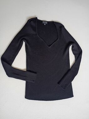 Major Major Black Ribbed V-Neck Long Sleeve Top - Size L Minimalist Bodycon
